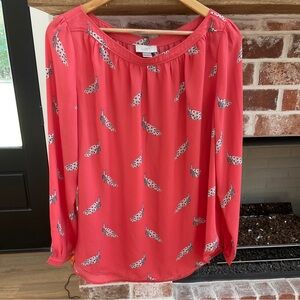 LOFT Coral Sleeve Top with Peacock Print size L